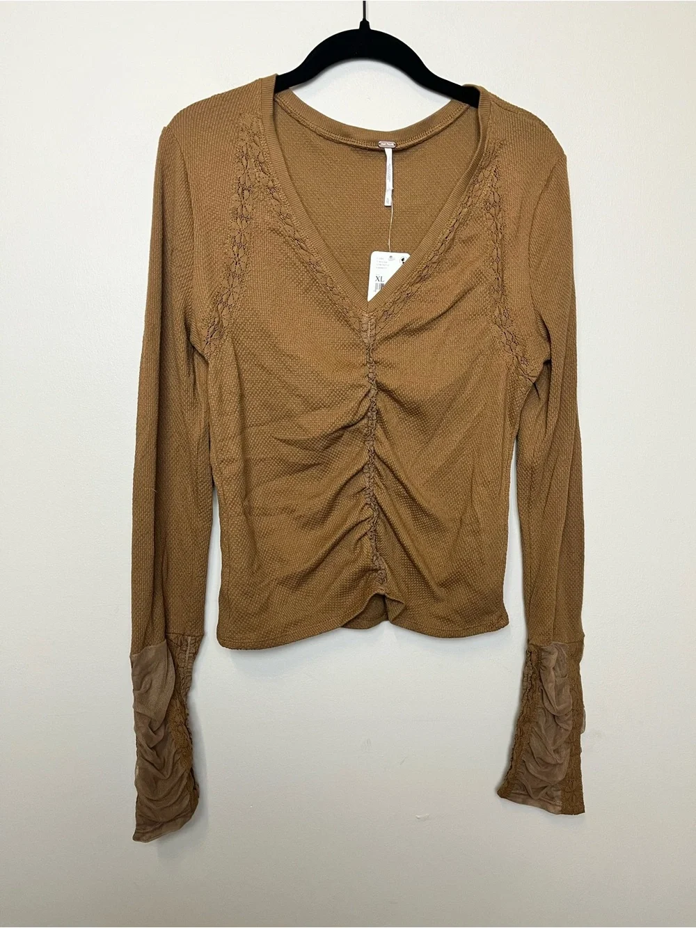 Free People Ruched Waffle Knit Long Sleeve Top in Caramel Brown